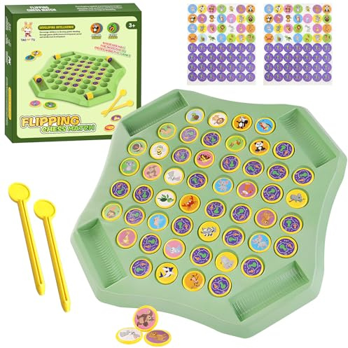 Juego de Memoria Flip Chess 27×27 cm – Juego Educativo de Animales para Niños y Familias, Entrenamiento de Memoria y Concentración – Tablero con 52 Fichas, 112 Pegatinas y 2 Palillos