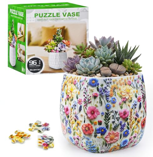3D Puzzles Planter, 96 Pieces Puzzle Vase for Adults, Small Home Decor Puzzle Plant Pot with Drainage for Indoor Plants, Succulents, and Cactus, Pen Holder (Luxuriant Flowers)
