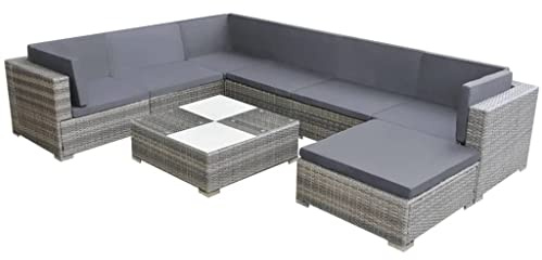QJBSAVVA 8 Piece Garden Lounge Set Grey, PE Rattan Outdoor Corner Sofa Group with Coffee Table & Stool, Weatherproof Patio Furniture for Garden, Balcony, Conservatory