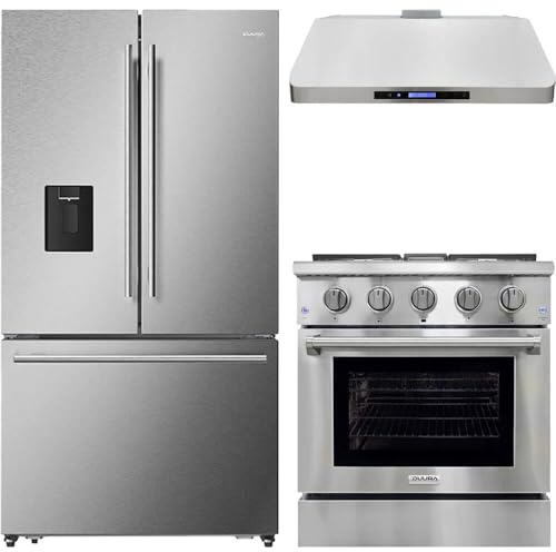 Duura Elite 3 Pc Stainless French Door Kitchen Appliance Package with French Door Refrigerator Freestanding Gas Range and Stainless Wall Mount Range Hood Modern Kitchen Upgrade