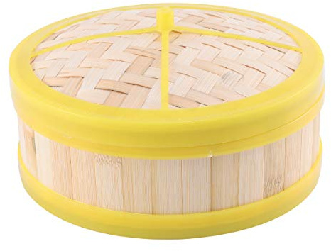 SUPVOX 20cm Yellow -rimmed Bamboo Steamer with Lid, Single Tier Bamboo Steam Basket for Dim Sum, Dumplings, Vegetables, and Rice Cooking