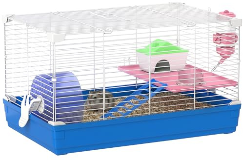 PawHut Jaula para Hámster, Casa para Roedores Pequeños con Rueda de Ejercicio, Cuenco, Bebedero, Casita, Rampas, Plataforma, Bandeja Extraíble, para Jerbos, 47x30x27 cm, Azul