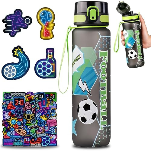 MyrkalaToy Borraccia da Calcio 750ml con Adesivo a Tema Sportivo, Bottiglia Plastica Senza BPA, Borraccia Sportiva Capiente Antiperdita, Thermos Adatta a Campeggio Viaggi Sport per Regalo