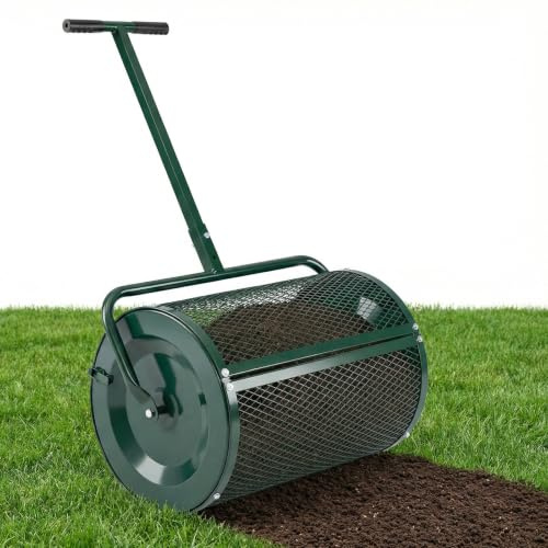 HOMASIS Kompoststreuer 75L, Düngerstreuer mit Seitenverschlüssen, höhenverstellbarem Griff & 60 cm Arbeitsbreite, Gartenstreuer mit φ40cm Metallgitterkorb für Kompost Dünger Torfmoos & Sand (Grün)