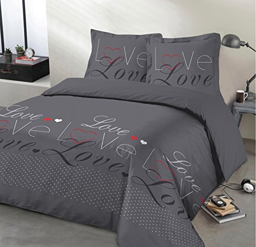 VISION - Bettwäsche Love Anthrazit – Set Bettbezug 240 x 220 cm mit 2 Kissenbezügen für Standard-Doppelbett – 100% Baumwolle