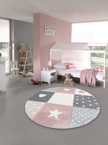 Teppich-Traum Kinderteppich Rund Herz Sterne Punkte Rosa Grau Ø 120 cm | Weich und wärmend, pflegeleicht, strapazierfähig, farbecht und schadstofffrei, für Fußbodenheizung geeignet