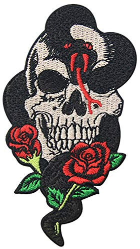 Totenkopf-Aufnäher zum Aufbügeln/Aufnähen Snake Rose and Skull