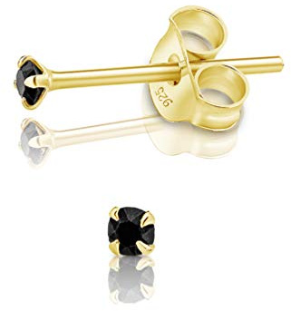 Pendientes de Botón Plata Ley 925 Chapados Oro 24K on Cristales Brillantes Negros 2 mm - Pendientes Dorados para Mujer - Punto de Luz Hipoalergénicos