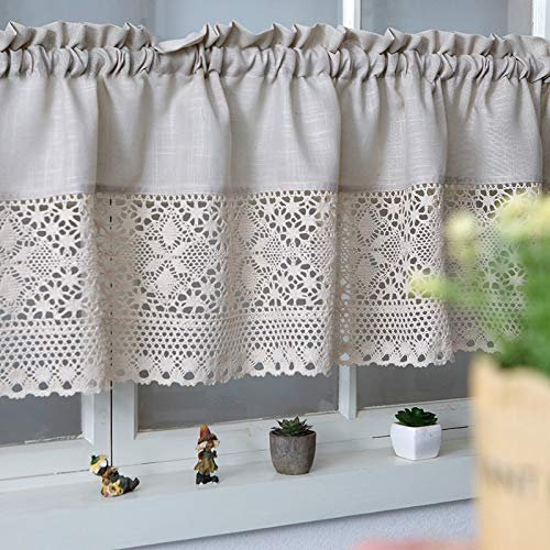 ACMHNC Landhausstil Vintage Scheibengardine Baumwolle Leinen Küchenvorhang Romantische Spitze Häkelborte Bistrogardine Retro Kurzgardine 1er Stück,Grau,W x H 140x60cm