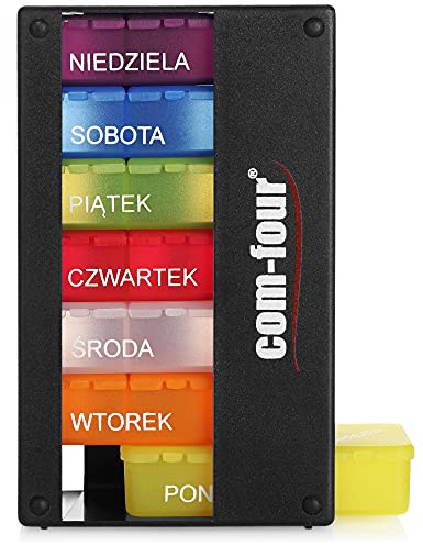 COM-FOUR® Medikamentendosierer auf POLNISCH, Medikamenten-Box für 7 Tage | 3 Fächer - Pillendose - Pillenbox - Tablettenbox - Wochendosierer zur Aufbewahrung [POLNISCH]