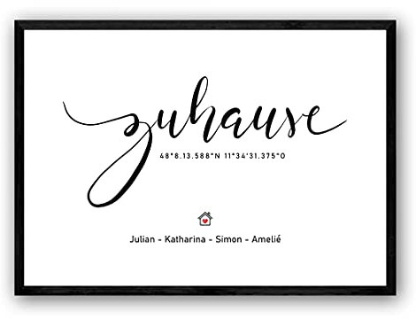 Personalisiertes Geschenke Home Koordinaten Poster — Zuhause Querformat — Minimalistischer Stil Schwarz-Weiß — Individuelles Wandbild als Geschenk für Paare, Familie, Einzug — Größe & Rahmen optional