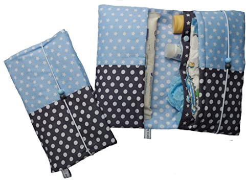 die-kreative-fee Handmade Windeltasche Stoff 4 Fächer Windelorganizer | mit Elastikkordel, geöffnet ca. 33x27 cm, ideal für unterwegs, dunkelgraue Punkte Sterne Herzen - farbig unterteilt