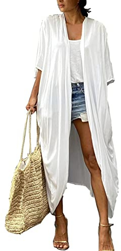 YouKD lös kaftan boho kimono strand bikini täcka upp klänning plus size hemmakläder för kvinnor, H vit, en storlek