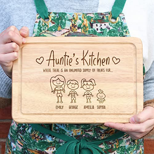 eBuyGB Personalised Family Portrait Chopping Board, Auntie's Kitchen, Where There is an Unlimited Supply of Treats, Cooking Gifts, Birthday, Mother's Day Gift for Aunty, Aunt