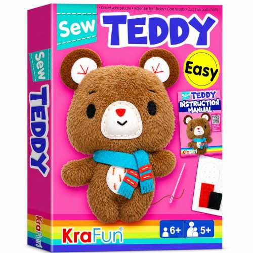 KRAFUN My First Sewing Kit for Kids Ages 6-10 Beginners | Learn to Sew Bear Stuffed Animal | Premium Thick Felt | Craft Gift for Girls & Boys