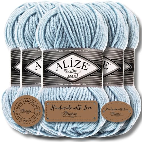 Alize 5 x 100g Superlana Maxi Türkische Premium Wolle Baumwolle und Acryl Uni Handstrickgarne, Yarn, Garn, Strickgarn, Einfarbig, Baby, zum Häkeln Stricken Kleidung Schals (Light Blue - 480)