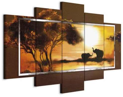 B&D XXL - Leinwandbild Elefant 150x75cm, 150x75 cm, 5-teilig, Schlafzimmer | Hochwertige Leinwand, sofort aufhängbar, ideal fürs Wohn- oder Schlafzimmer, wasserfest und lichtecht, langlebig, stilvoll