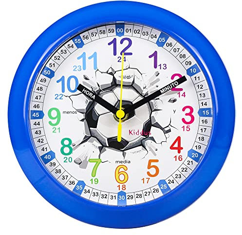 Kiddus Orologio da Parete Didattico per Bambini, Ragazzi. Analogico. Con Esercizi per Imparare a Leggere l’Ora. Movimento al Quarzo Silenzioso.