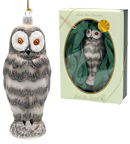 Lauschaer Christbaumschmuck Limitierte Auflage freigeblasene Schneeeulenfigur, handdekoriert, 17 cm hoch
