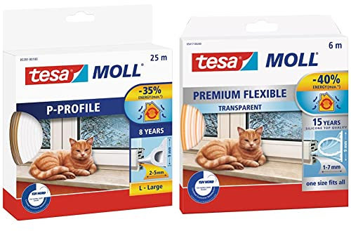 tesa moll P-Profile & moll Fensterdichtung Premium Flexible - Selbstklebende Silikondichtung zum Isolieren von Spalten an Fenstern und Türen - Transparent - 6 m x 9 mm x 7 mm