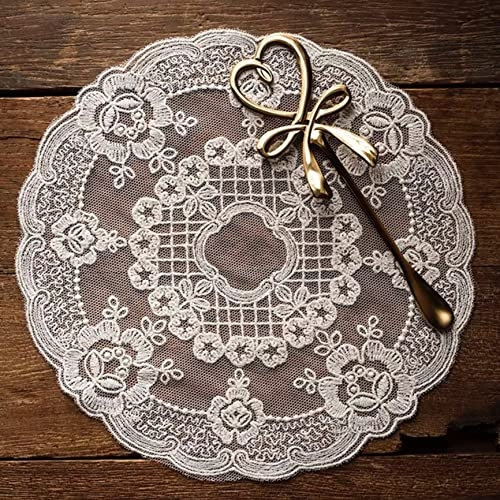 2pcs Retro French lace Placemats, exquisite flower embroidered Round Doilies Coasters Vase mat for home decoration (off-white,Diameter18cm)