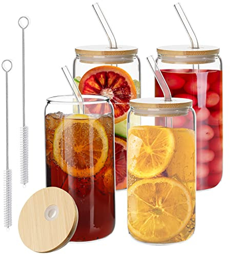 4 Set Trinkgläser mit Bambus Deckel und Glass Trohhalm, Eiskaffee Tassen Wiederverwendbare Trinkgläser Bier Dose Glas, Glas Tumbler Cup Ideal für Whisky, Soda, Tee, Wasser, Geschenk - 450ml/16oz