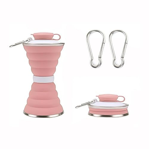 TAFACE 1 taza de agua plegable rosa y 2 mosquetones, taza de agua de silicona plegable de 500 ml con mosquetón para actividades al aire libre en viajes