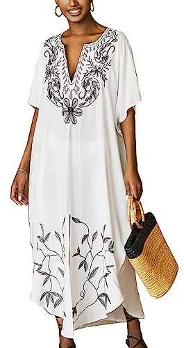 L-Peach kvinnor broderi kaftan maxi strandklänning myskläder hemmakläder överdimensionerade täckkläder, Vit 3, one size