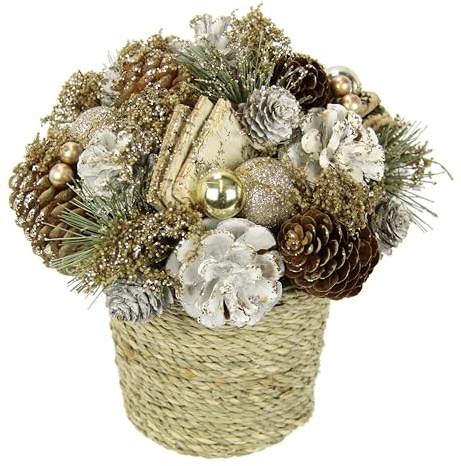 Weihnachtsarrangement mit Zapfen Christbaumkugeln Tannenzweige Künstliche Weihnachtsblumen Gesteck Winterblume Blume Pflanze Zweige Arrangement Weihnachtsdeko Tischdeko Weihnachten, Gesteck