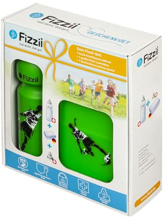 Fizzii Geschenkset Pausenset Kicker (Trinkflasche 600ml + Lunchbox + Ersatztrinkverschluss, im hochwertigen Geschenkkarton)