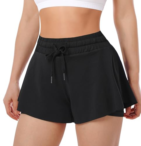 ThreeH Mujer Fluido Yoga Shorts 2 en 1 Rápido Seco Elastano Correr Negro