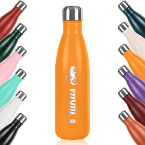 polar-effekt Kinder Edelstahl Trinkflasche 0,5 l gelb mit personalisierte Gravur - geschmacksneutral und BPA-Frei - für Schule und Sport