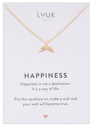 LUUK LIFESTYLE Collana con ciondolo pinna di balena e acciaio inossidabile (50cm), con carta HAPPINESS, gioielli elegante, portafortuna, idea regali donna, lei, compleanno, mare, oro rosa