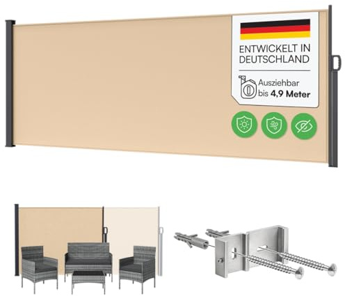 STEELSØN Zirella Seitenmarkise 180x485 cm, Beige, ausziehbar, aus Stahl | Windschutz, Sichtschutz Garten, wetterfeste Markise, Seitenrollo mit Wandhalterung, blickdichter Sonnenschutz, Wandmarkise