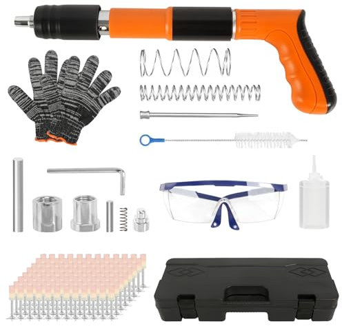 Manuelle Nagelpistole mit 200 Runden Nägeln, Nagelpistole für Stahl & Beton, Nail Gun Schalldämpfer Bolzenschussgerät 5 Gänge Nagelschussgerät Betonnagler Nagler Nail Tool Nagelpistole (Orange)