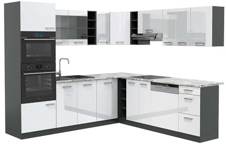 Vicco Eckküche R-Line, Weiß Hochglanz/Anthrazit, 247 x 237 cm | 14 Module · Höhenverstellbare Füße · AP Marmor inkl. · Robuste Fronten · Mit Backofen-/Mikrowellenschrank