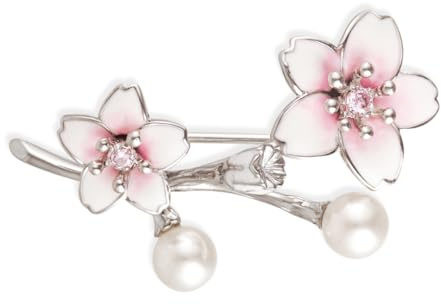 Grossé Broche - Sakura - Couleur Argent - Fleur de cerisier - Perle - Blanc - Zirconia - Plaqué - Feuilles d'émail - GJ30534P