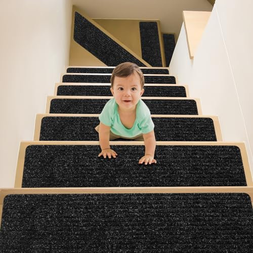 Suimlmta Stair Treads Carpets, 14Pcs Capet Stair Mats Non-Slip Self Adhesive Carpet Runner Pads 20 x 76 cm Step Protectors Cover for Kids Elders Pets Stair Carpet Tiles, Black