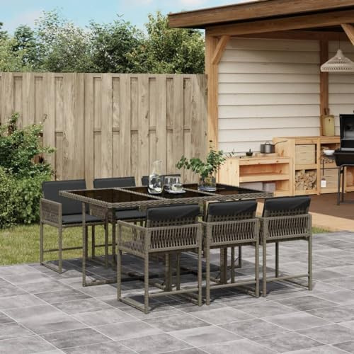 Faroom Conjunto de muebles de jardín de polirratán para 6 personas – Juego de 6 sillas con mesa con tablero de cristal y cojines – Conjunto de muebles de jardín de polirratán para jardín y terraza,