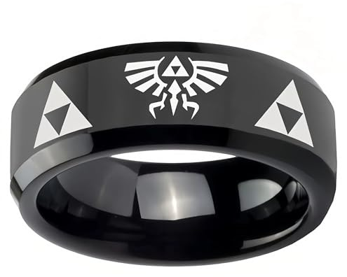 GAUEIOUR Triangle Logo Zelda Black Tungsten Rings Classic Game Black Stainless Steel Fashion Matte Bands Wedding Ringf for Woman Men Accessory, Jewelry Gifts for Gaming Enthusiasts