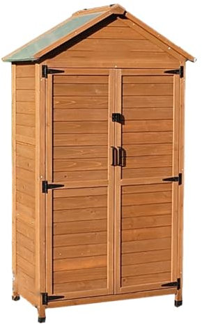 Gartenschrank aus Holz für den Außenbereich, mit 3 Ablagen, magnetisch, Doppeltüren, abschließbar, vertikal, wetterfest, hellbraun