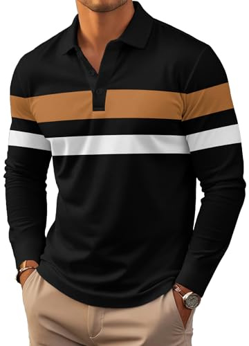 Polo Shirts for Men Long Sleeve Slim Fit Striped Golf Shirts with Collar Plus Size Pullover Casual Fall Tops