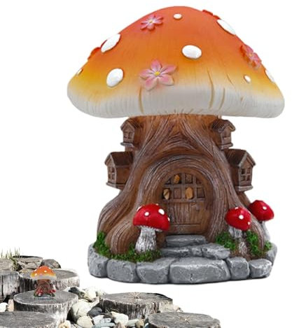 Solar Mushroom Statue, Solar Light Mushroom Figurine - LED Light Up Solar Figurine Mushroom House - Waterproof Novelty Carving Fairy Garden Decoration Pouch for Backyard