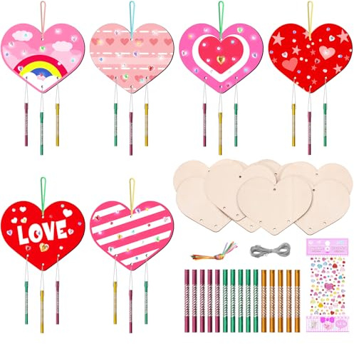 Nourdom 12 Stück Herz Windspiel Bastelset Windspiel Bastelset Kinder Holzhandwerk zum Valentinstag Kreative Holz Klangspiel Basteln Bemalen Holz für Mädchen Junge