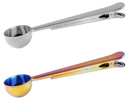 Tabanzhe Coffee Scoop-2PCS Coffee Measuring Spoon with Bag Seal Clip for Coffee Beans Milk Powder Stainless Steel Coffee Sealer for Ground Coffee and Beans