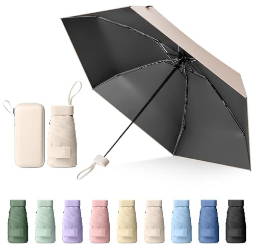 Sykrawki Mini Paraguas Plegable Portátil, Protección UV y Antiviento con Cubierta de Cápsula, Paraguas de Viaje Compacto para Hombres y Mujeres (Beige)
