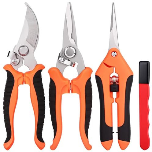DDNGEJ 4PCS Forbici da Giardinaggio Forbici da Giardino Set con Pietra per affilare Forbici da potatura in Acciaio Inossidabile con Lame Curve