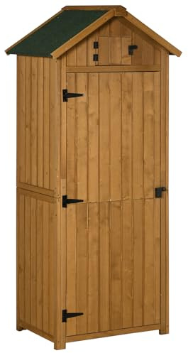 Outsunny Armario de Jardín de Madera 77x54,2x179 cm 0,3 m² Cobertizo para Almacenaje de Herramientas con 3 Estantes y 2 Puertas con Cerrojo para Patio Terraza Natural y Verde