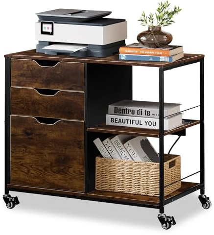 CLIPOP Rollcontainer, 3 Schubladen, 2 offene Fächer, Steckdose | Mobiler Aktenschrank, Industrie-Design, vintagebraun-schwarz, 40×70×65,5 cm, für Home-Office, praktisch, stabil