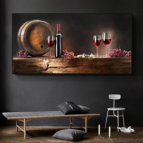 GOSRD Quadro moderno su tela, dipinto artistico classico vintage con bicchiere di vino rosso e botte, opera d'arte, decorazione murale, 60 x 120 cm, senza cornice.
